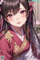 A woman in a kimono with long black hair and pink eyes.