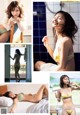 A collage of photos of a woman in a bikini.