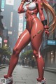 A woman in a red and white outfit is standing on a city street.