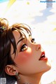A woman with a flower in her hair looking up at the sky.